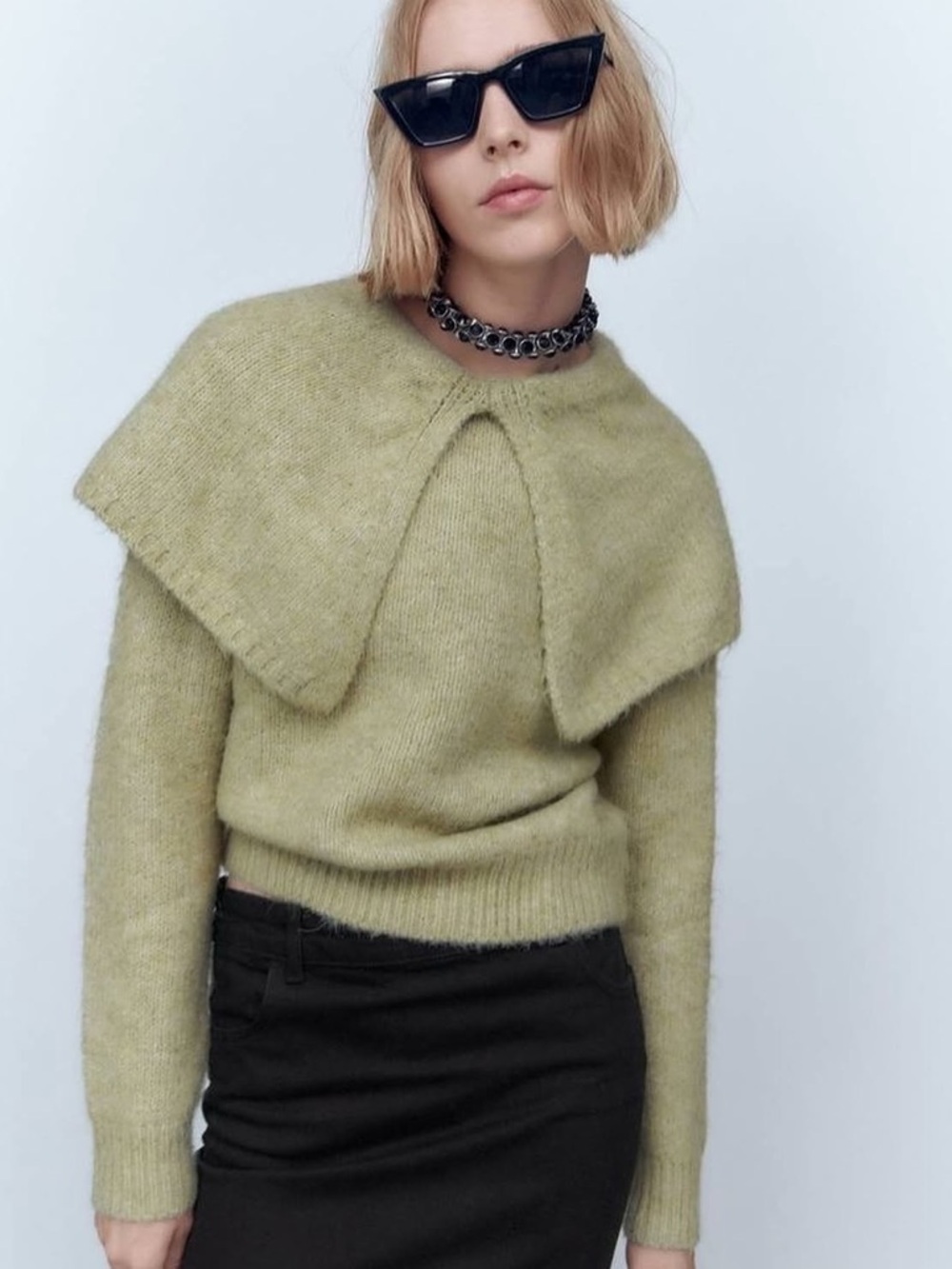 Zara Green Oversized Peter Pan Collar Long Sleeve Sweater Size M EUC